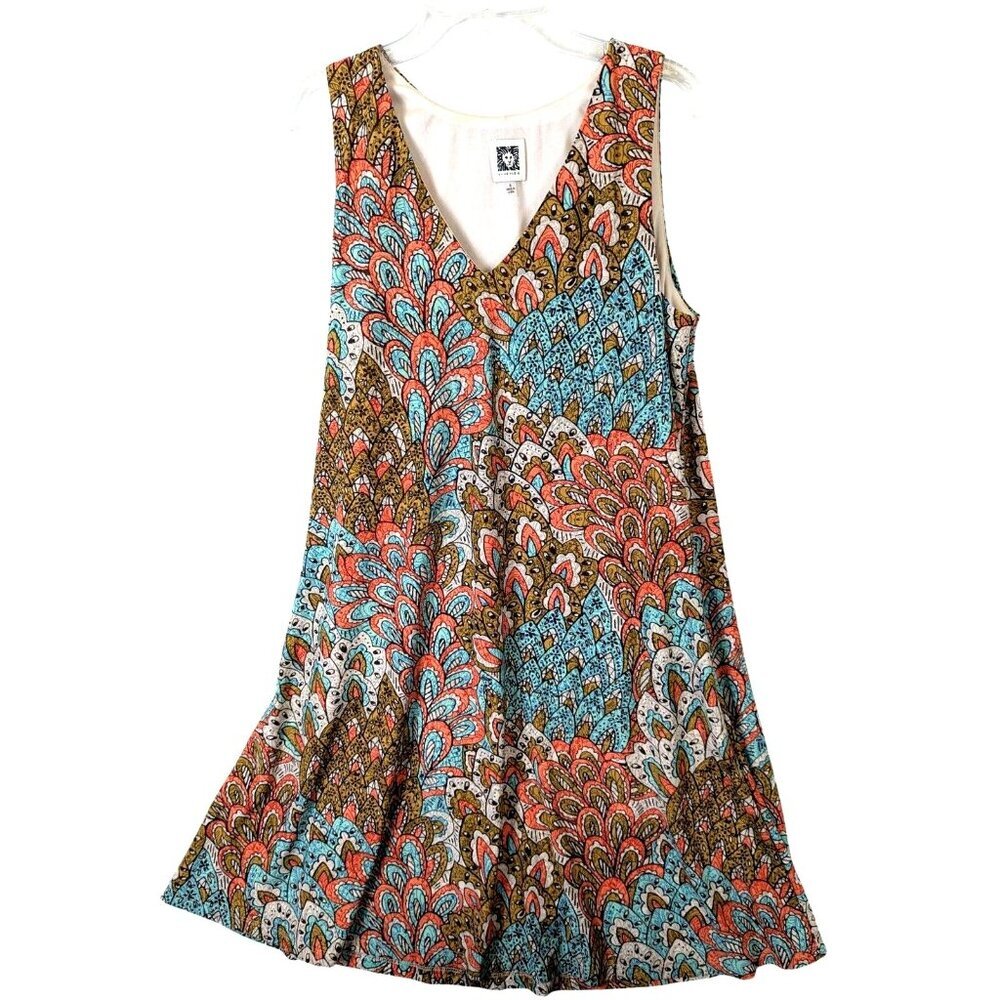 Anne Klein Dress Women sz 4 Tank Shift Flowy Peacock Boho Eclectic Casual Summer